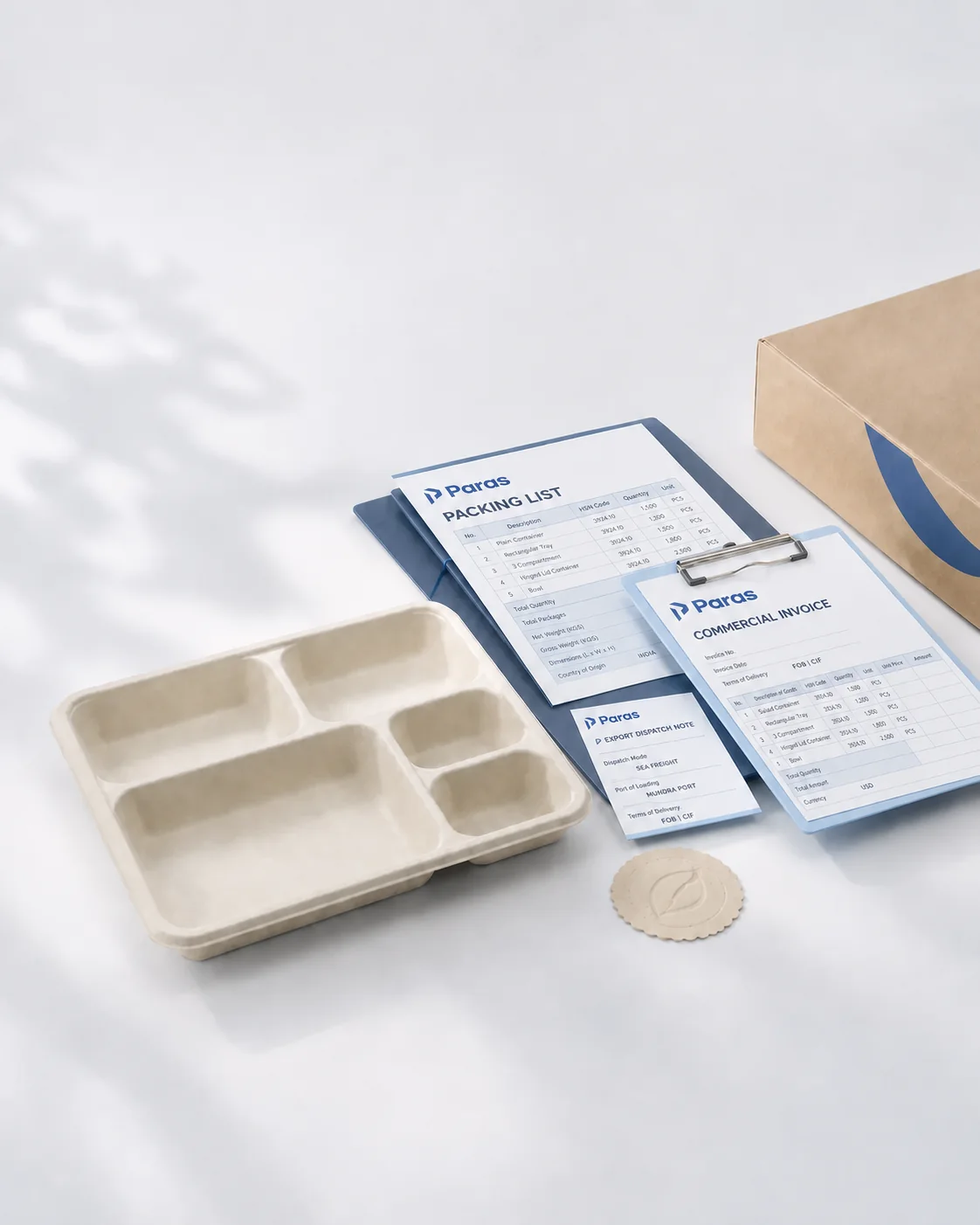 Paras fibre packaging beside Paras-branded export documents